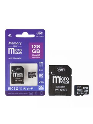 Card de memorie MicroSD PNI 128GB cu adaptor SD, Clasa 10, 80 Mb/s, V30