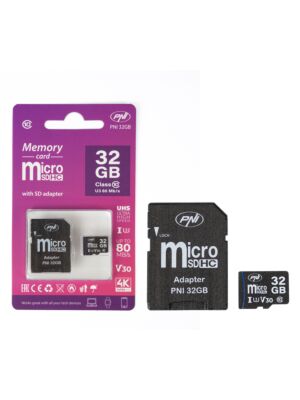 Card de memorie MicroSD PNI 32GB cu adaptor SD, Clasa 10, 80 Mb/s, V30