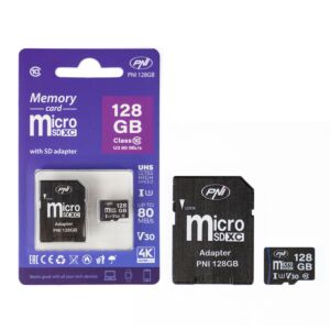 Card de memorie MicroSD PNI 128GB cu adaptor SD, Clasa 10, 80 Mb/s, V30